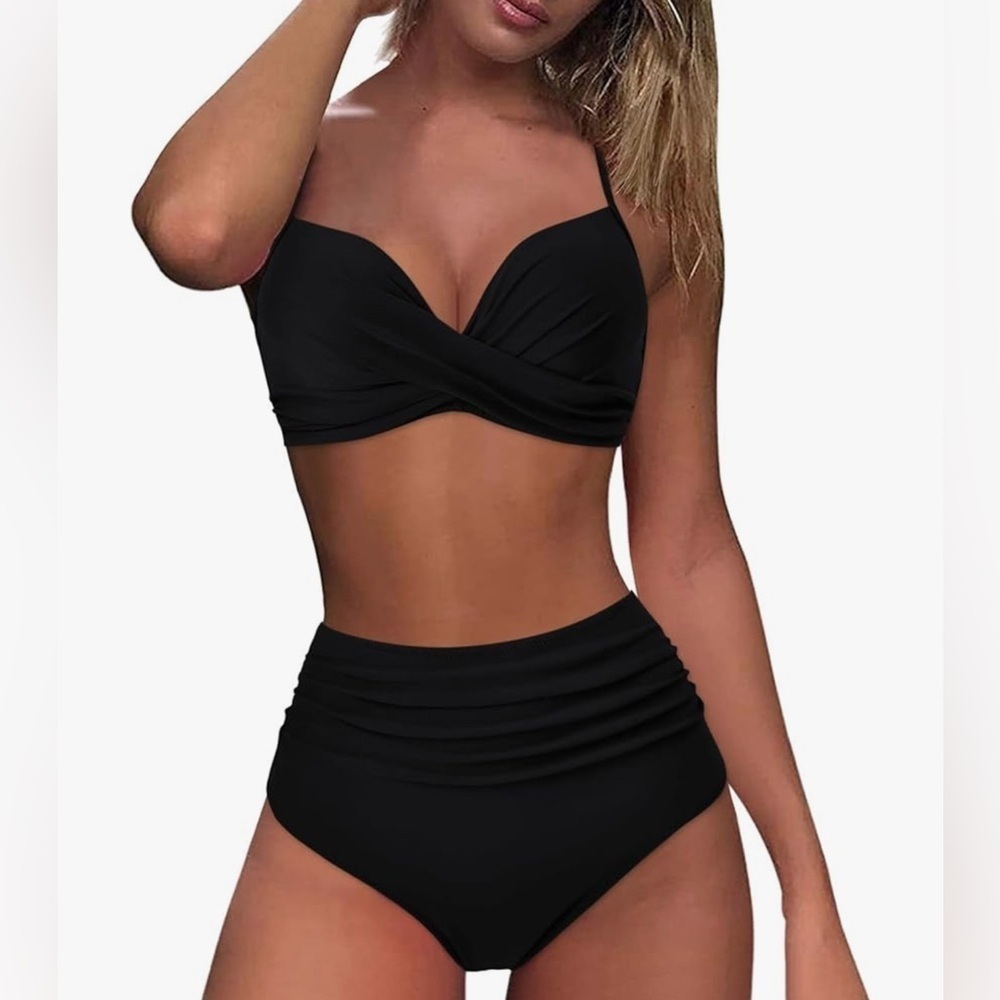 High Waisted Bikini-Set Push Up V Neck Ruched Bottom, Black, Size XL